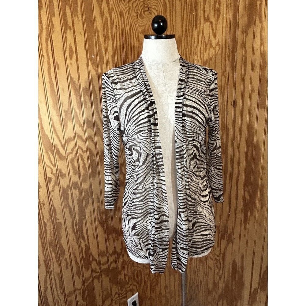 Chico's Size 0 (s) Open Sheer Light Cardigan Brown Zebra Print Long Slee…